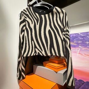 Zara Black and Cream Zebra-Print Crewneck Sweater